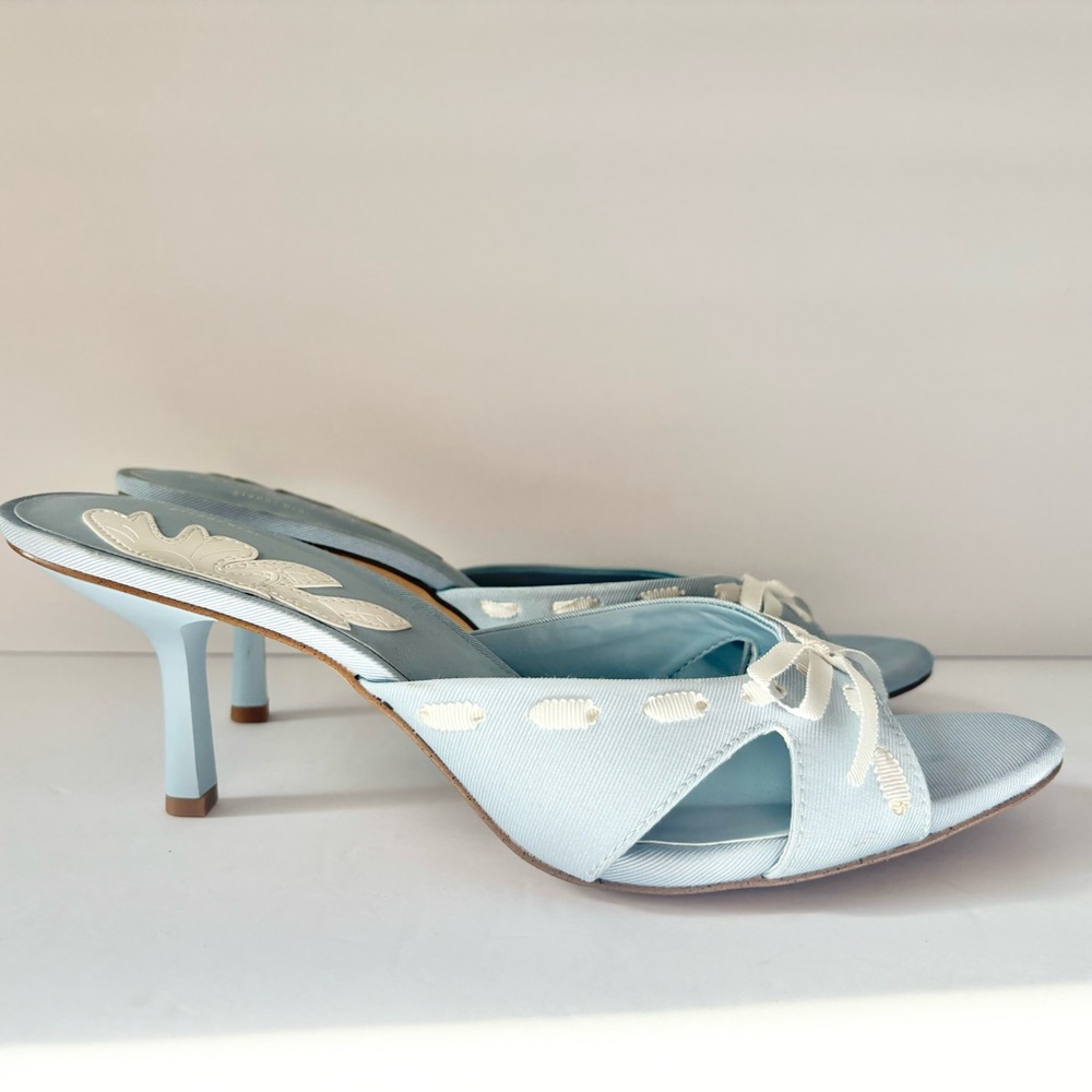 Caelynn Bell x Gianni Bini Meredith White Ribbon Detail Lake Blue Mules Shoes - Picture 2 of 9